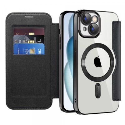 Husa MagSafe pentru Apple iPhone 15, Techsuit, SmartMag Book, Neagra foto