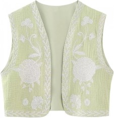 ivimos Vesta decupata din bumbac pentru femei, primavara, vara, fara maneci, broderie florala, fa?a deschisa, vintage, cardigan verde-deschis-alb X-La foto
