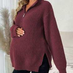 Pulover din tricot cu fermoar si slit, Maternity, visiniu, dama