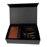 Cumpara ieftin Set cadou pentru barbati, Portofel + Curea, piele naturala, model elegant, Negru-Maro, SET9