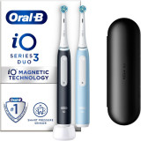 Set 2 x Periuta de dinti electrica Oral-B iO3 cu Tehnologie Magnetica si Micro-Vibratii, Senzor de presiune Smart, 3 moduri, 2 capete, Trusa de calato