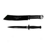 Cumpara ieftin Set Cutit Vanatoare 2 taisuri + Maceta Rambo IdeallStore&reg;, Otel Inoxidabil, Teaca Piele, Negru, 43cm
