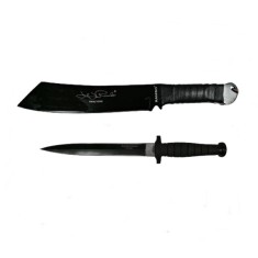 Set Cutit de vanatoare cu doua taisuri si Maceta Rambo, DEPOX&reg;, Otel inoxidabil, Negru