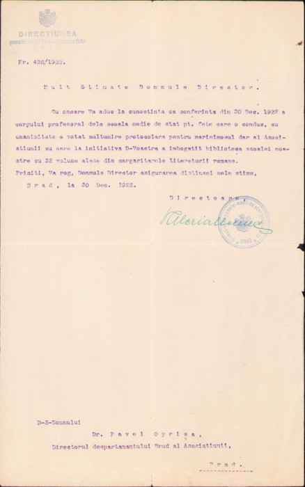 HST A1170 Mulțumiri protocolare 1922 Școala fete către prof Pavel Oprișa Brad