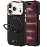Husa MagSafe pentru Apple iPhone 18 Pro Max / 17 Pro Max, Guess, Grained Ring Stand 360 Classic, Neagra
