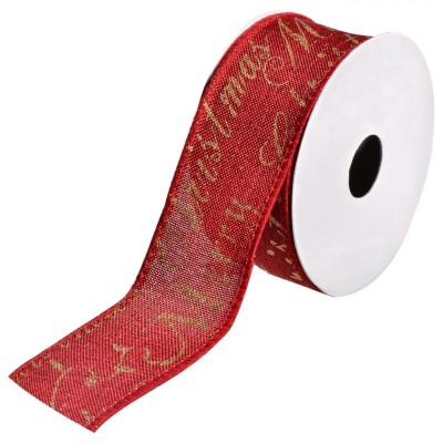 Panglică Decorativă Brad Crăciun Merry Christmas, Poliester, Roșu, 5m x 38mm foto
