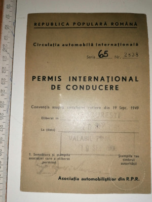 PERMIS DE CONDUCERE INTERNATIONAL RPR , PT COLECTIONAT , ANII 60 foto