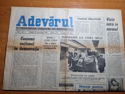 adevarul 30 decembrie 1989-funerariile lui vasile milea,revolutia romana foto