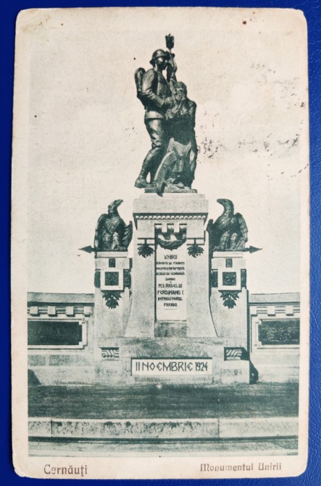 Bucovina - 1926 - Cernauti - Monumentul Unirii - printata, circulata spre Rosiori, 2 timbre intacte, stampile lizibile