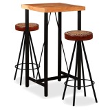 Cumpara ieftin Set de bar, 3 buc., lemn masiv acacia, piele naturala si panza