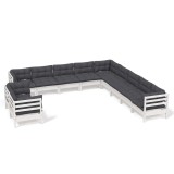 Set mobilier gradina cu perne, 11 piese, alb, lemn masiv de pin