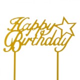 Decorare Tort Acrilic, Model Stea, Mesaj Happy Birthday, Auriu, 15x12.5cm, Oem