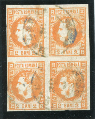 1868 , Lp 21 , Carol I cu favoriti 2 Bani , bloc de 4 - stampila BOLGRAD foto