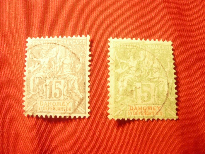2 Timbre Dahomey et Dependances Alegorie 1899, val. 5 si 15 c , stampilate