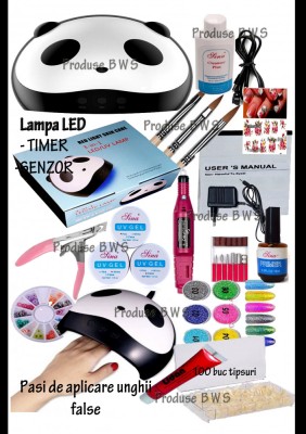 kIT SET unghii false PANDAA-set manichiura Lampa led,gel uv,FREZA ELECTRICA Pila foto