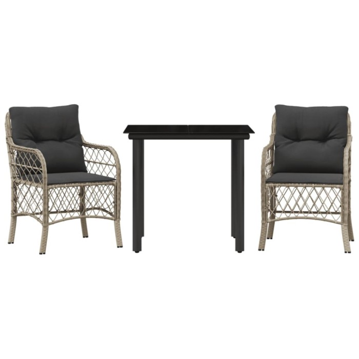 Set bistro cu perne, 3 piese, gri deschis, poliratan
