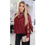 Bluza dama bordo din dantela cu mansete