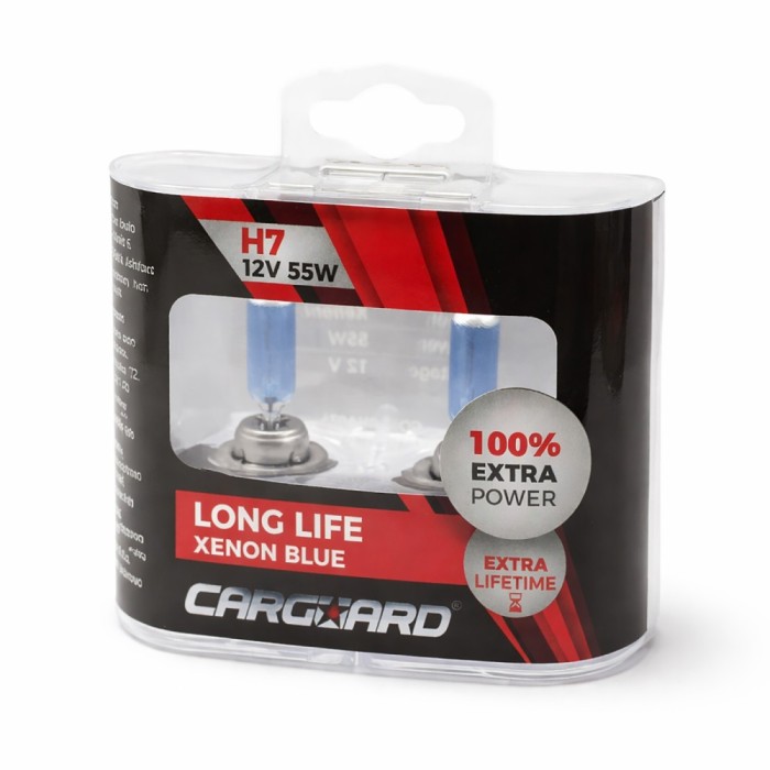 Set 2 Becuri Auto Halogen H7 Long Life, Intensitate +100%, Efect Alb Xenon, 12V, 55W, Sticla Quartz, Durata de Viata Extinsa