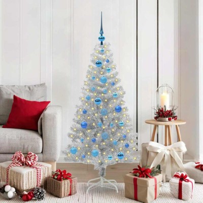 vidaXL Brad de Crăciun cu 150 LED cu suport Argintiu 150 cm PET 3396668 foto