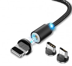 Cablu de incarcare MAGNETIC, 3 in 1 USB-C, Micro-USB, Lightning panzat foto