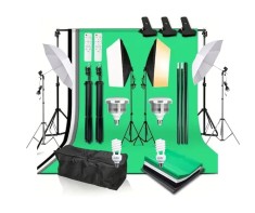 Kit studio foto,2 lumini softbox,suport fundal 2x3 m, 4 panze fundal, 2x bec LED 105W cu telecomanda, 2 becuri spiralate + geanta transport