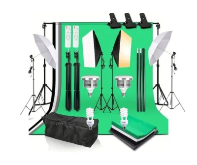 Kit studio foto,2 lumini softbox,suport fundal 2x3 m, 4 panze fundal, 2x bec LED 105W cu telecomanda, 2 becuri spiralate + geanta transport foto