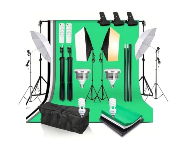 Kit studio foto,2 lumini softbox,suport fundal 2x3 m, 4 panze fundal, 2x bec LED 105W cu telecomanda, 2 becuri spiralate + geanta transport