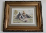 Doua siluete in peisaj rural &ndash; acuarela mai veche