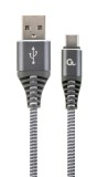 CABLU alimentare si date GEMBIRD, pt. smartphone, USB 2.0 (T) la USB 2.0 Type-C (T), 1m, premium, impletire din bumbac, gri-metalizat cu insertii albe