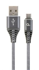 CABLU alimentare si date GEMBIRD, pt. smartphone, USB 2.0 (T) la USB 2.0 Type-C (T), 1m, premium, impletire din bumbac, gri-metalizat cu insertii albe foto