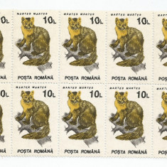 România, LP 1318/1993, Animale, 10 lei în bloc de 10 timbre, hârtie cretată