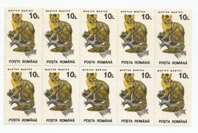 Rom&amp;acirc;nia, LP 1318/1993, Animale, 10 lei &amp;icirc;n bloc de 10 timbre, h&amp;acirc;rtie cretată foto