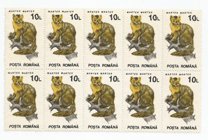 Rom&acirc;nia, LP 1318/1993, Animale, 10 lei &icirc;n bloc de 10 timbre, h&acirc;rtie cretată