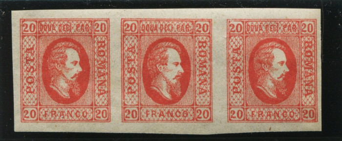 1865 , Lp 17 , Cuza 20 Par rosu / h. alba , straif de 3 timbre - MNH