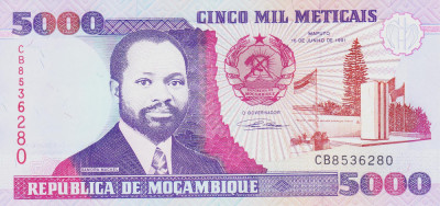 Bancnota Mozambic 5.000 Meticais 1991 - P136 UNC foto