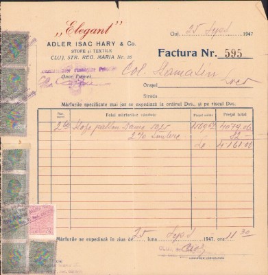 A2740N Elegant Adler Isac Hary et Co, Stofe și textile, Cluj, factură, 1947 foto