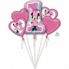 Buchet de baloane din folie Prima Aniversare Minnie Mouse foto