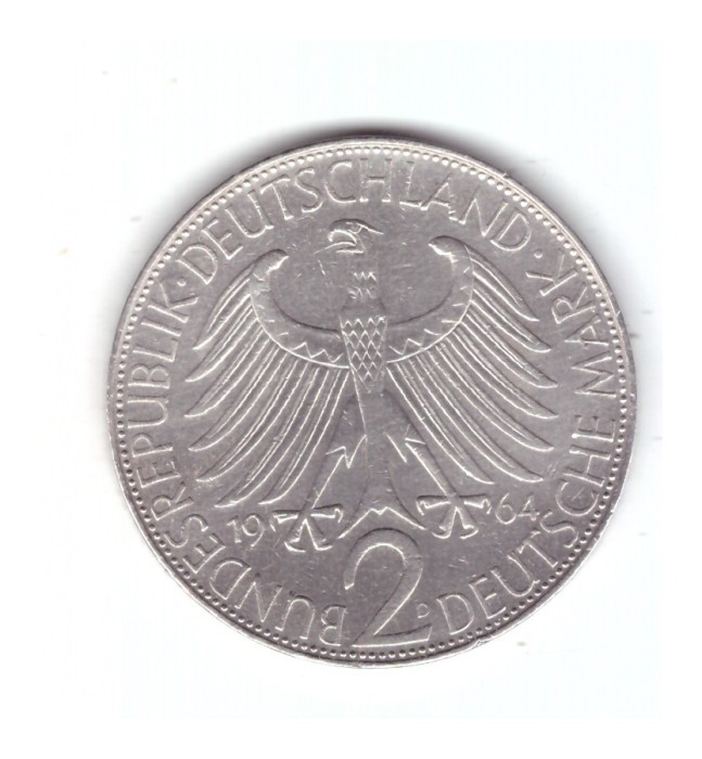 Moneda Germania 2 mark/marci 1964 D, Max Planck, stare buna, curata