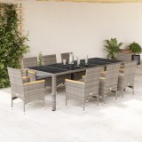 Set mobilier de gradina cu perne 9 piese gri poliratan sticla