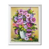Tablou vaza cu bujori pictat manual inramat, 55x45cm ulei panza, rama alba din lemn