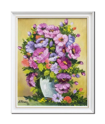 Tablou vaza cu bujori pictat manual inramat, 55x45cm ulei panza, rama alba din lemn, Constantin Feraru foto