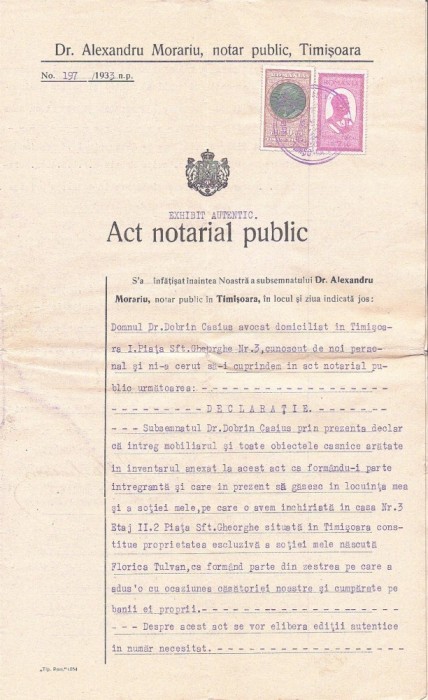 A3811N Act notarial public, 1933, Timișoara