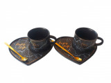 Cumpara ieftin Set 2 cesti de cafea cu suport in forma de inima, Enjoy life, Negru, 103MK