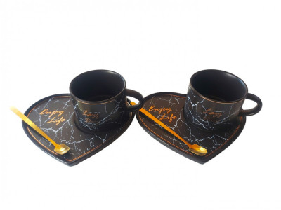 Set 2 cesti de cafea cu suport in forma de inima, Enjoy life, Negru, 103MK foto