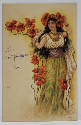 PRIMAVARA , ALEGORIE CU TANARA INCONJURATA DE FLORI , CROMOLITOGRAFIE , EMBOSATA , CARTE POSTALA , CLASICA foto
