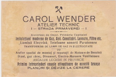 Carol Wender Atelier Technic Instalatiuni moderne de Gaz, Apa Bucuresti ND(1922) foto