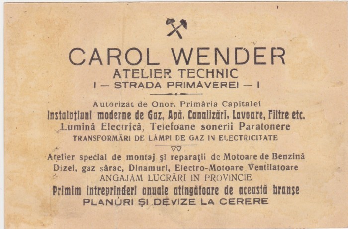 Carol Wender Atelier Technic Instalatiuni moderne de Gaz, Apa Bucuresti ND(1922)