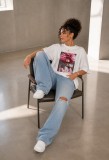 Tricou dama alb cu imprimeu fata creata roz