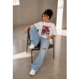 Tricou dama alb cu imprimeu fata creata roz