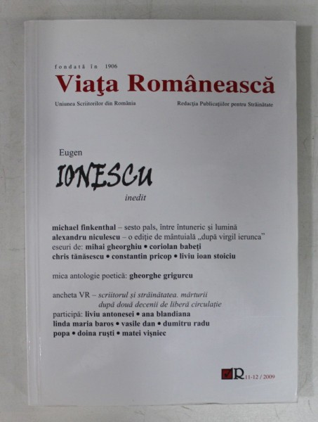VIATA ROMANEASCA , REVISTA , FONDATA IN 1906 , ANUL CV , NR. 11 - 12 , NOIEMBRIE - DECEMBRIE , 2009